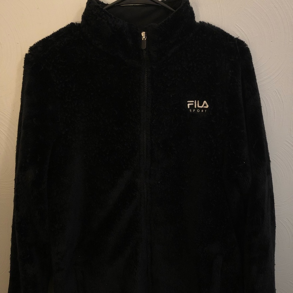 fuzzy black FILA jacket